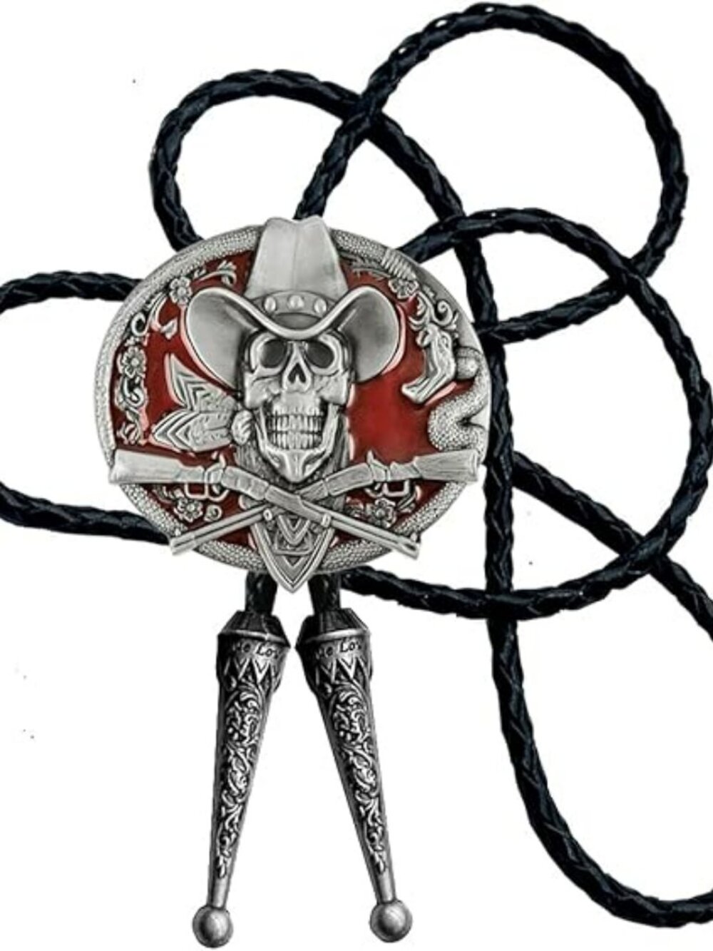 Cowboy Skull Bolo Tie Silver with‎ Red Western Design Men's Tie NEW